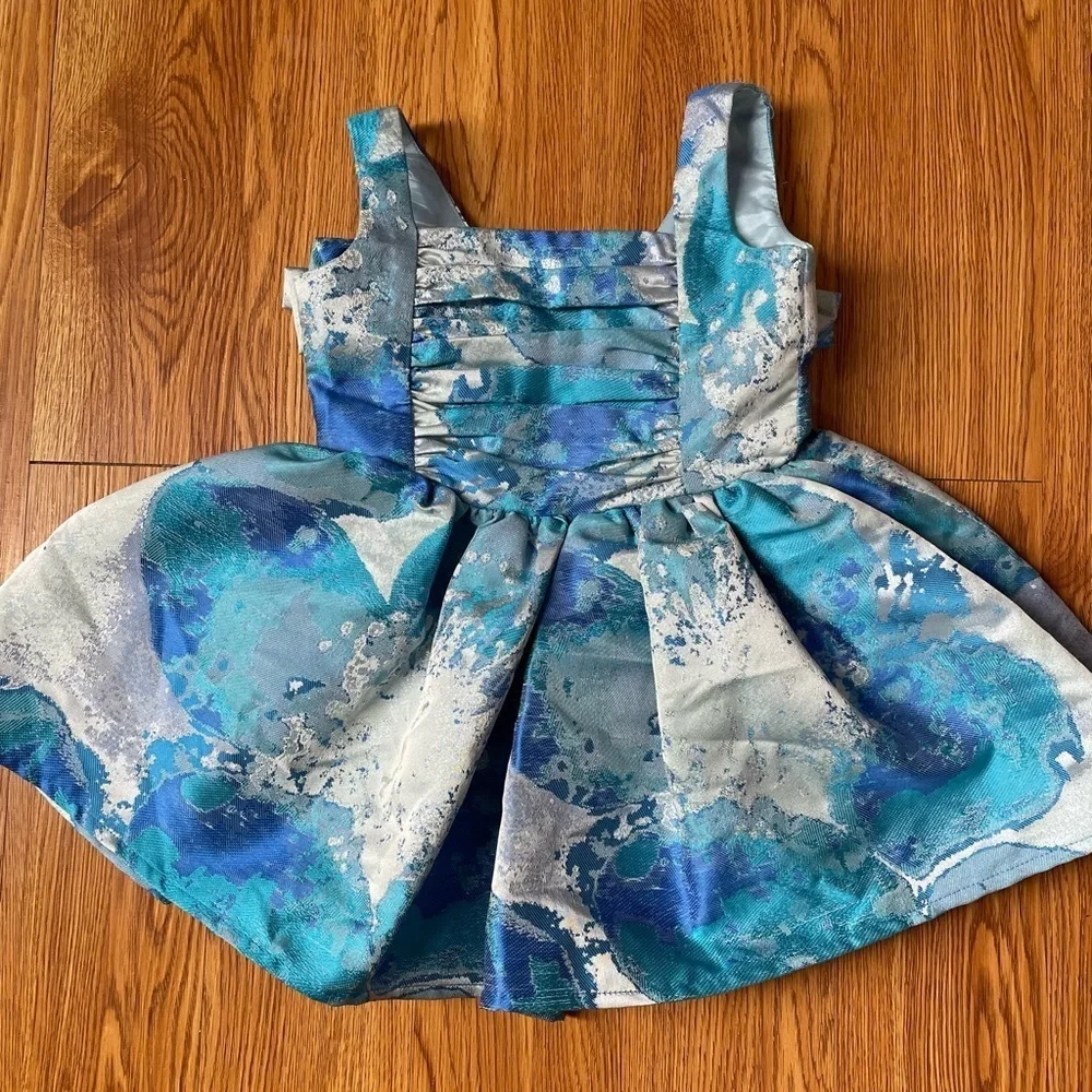 Halabaloo blue watercolor print dress back bow